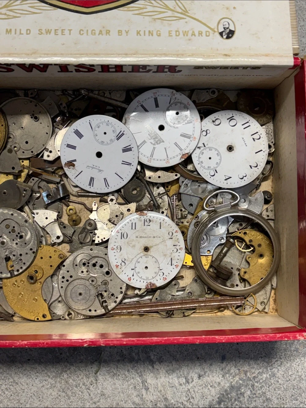 Watch Movement Parts Assortment in vintage cigar box